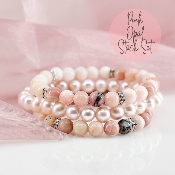 Pink Opal, Crystal & Pearl Bracelet, Dainty Stretch Bracelet Set of 3 - Picture 1 of 11
